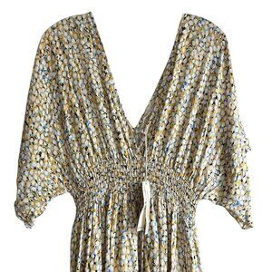 LOVESTITCH Short Sleeve Smocked Waist Yellow Geometric Maxi Dress Size US M/L
